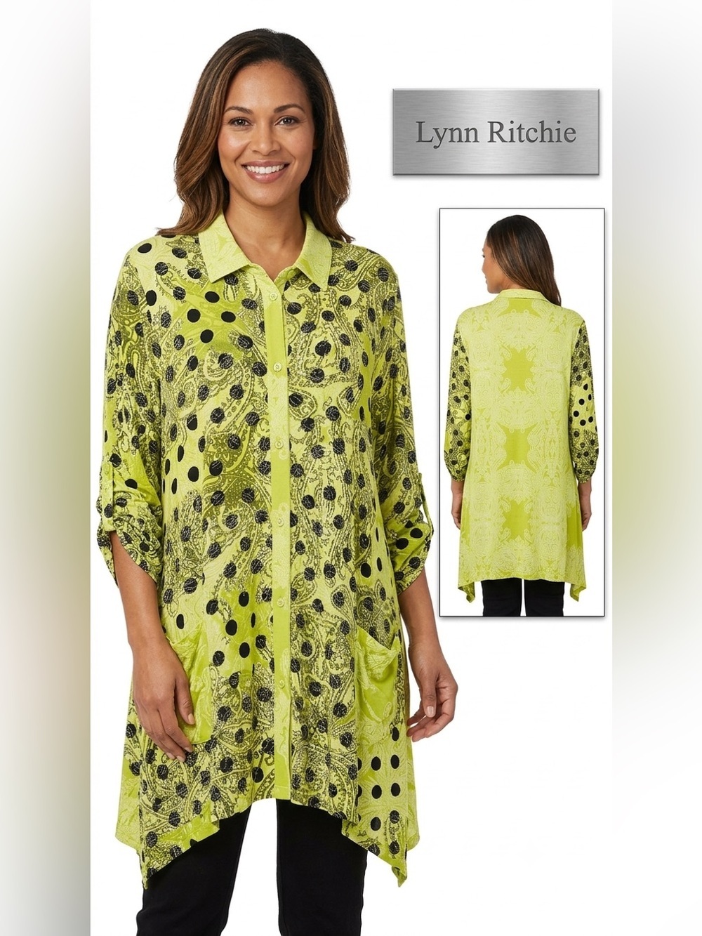 Lynn Ritchie Silver Vintage Y2K Button Up Roll Tab Tunic Large